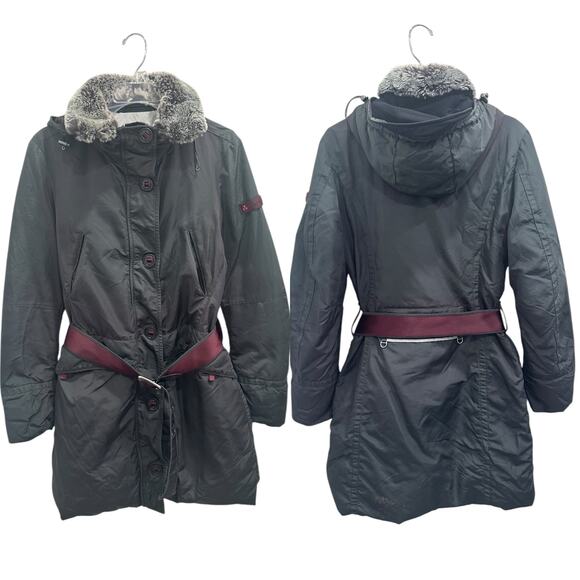 Peuterey Vintage Charcoal Goose Down Belted Parka Winter Coat Faux Fur Apres Ski - Picture 1 of 16